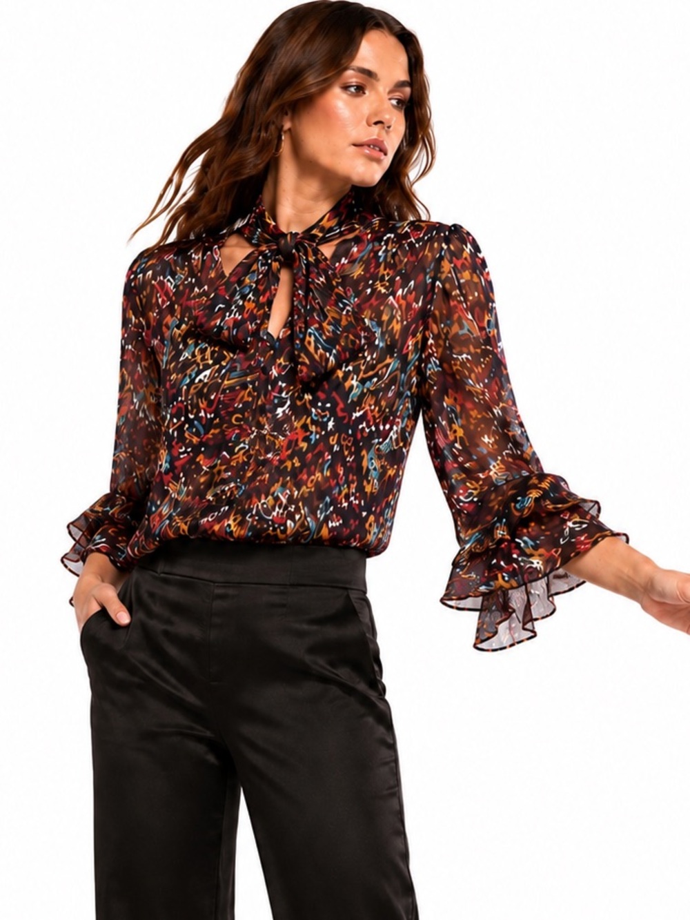 MISA Los Angeles Blouse Tie Neck Ruffle Sleeve Metallic Chiffon XS Fits M